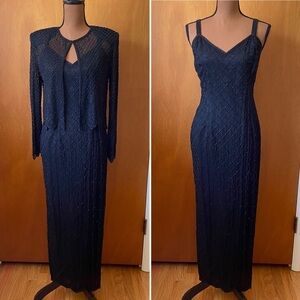 VTG 90s Sténay Petite Beaded Long Black Silk Cocktail Formal Dress and Jacket 6P